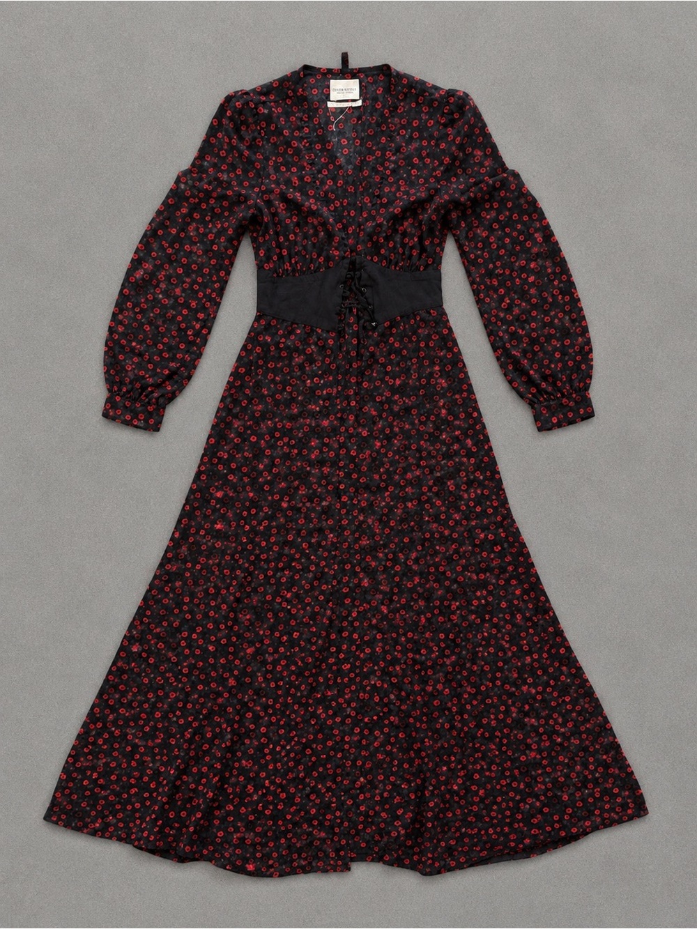 Urban Outfitters Black Maxi Dress with Red Floral Print and Corset Waist